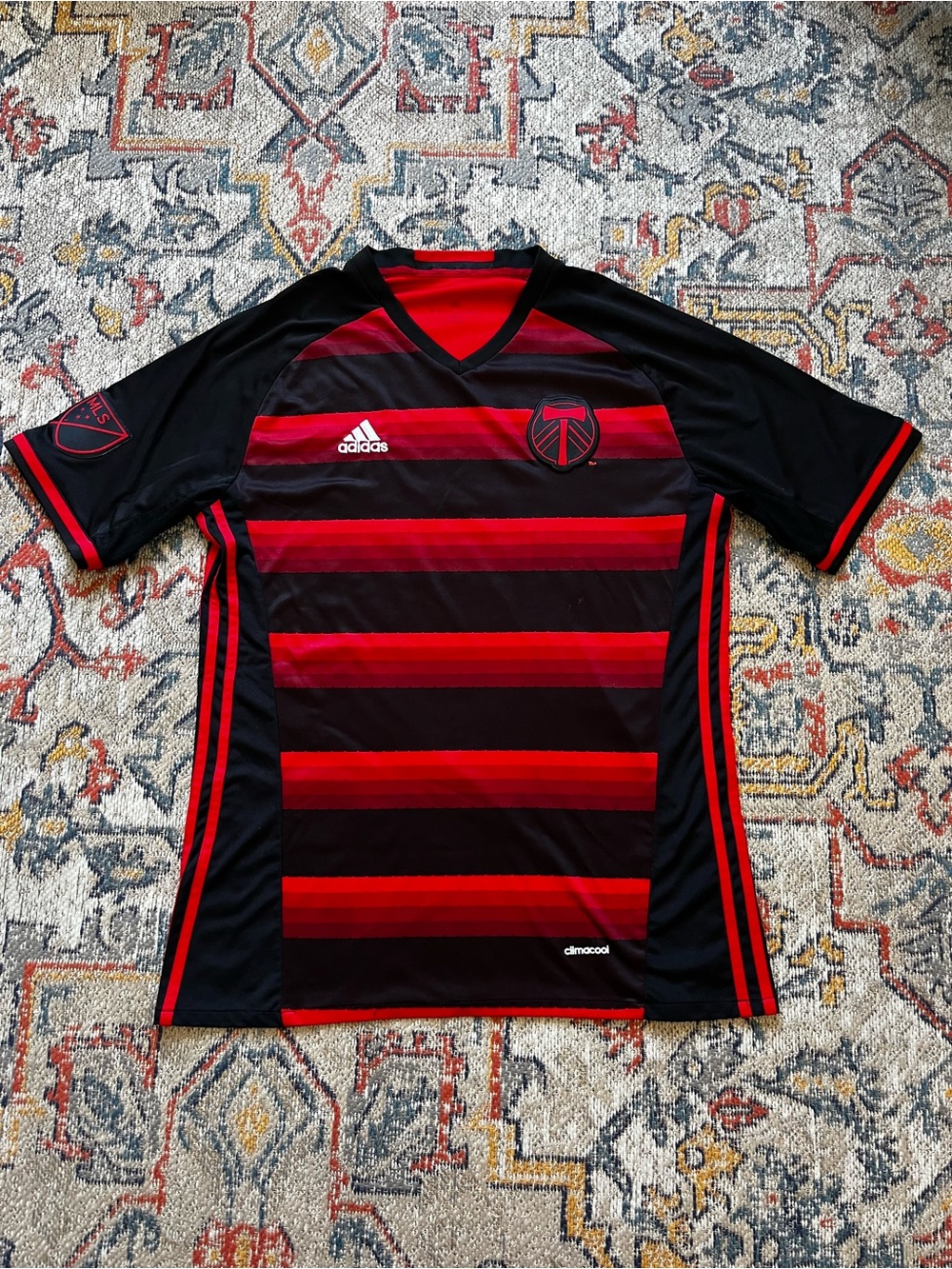 adidas Men’s Portland Timbers Red and Black Striped Soccer Jersey Size L